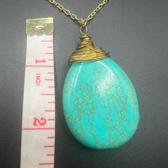 Gold Tone Wrapped Turquoise Pendant on Gold Tone Chain Boho - Picture 2 of 4